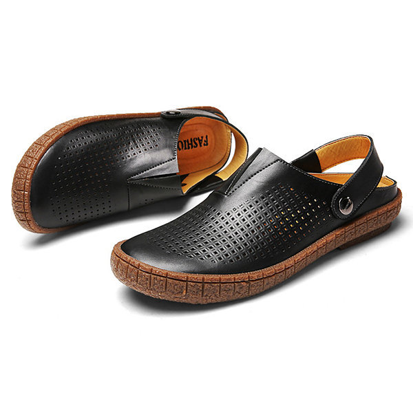 Men Breathable Hollow Out Genuine Leather Anti-collision Toe Beach Sandals, Sandals