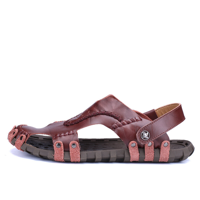 Men Hand Stitching Leather Non Slip Metal Soft Sole Casual Sandals, Sandals