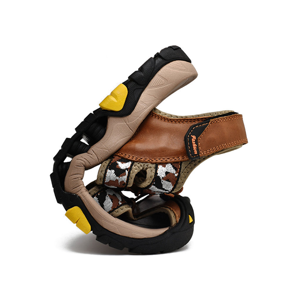 Large Size Men Genuine Leather Hook Loop Anti-collision Outdoor Sandals, Sandals