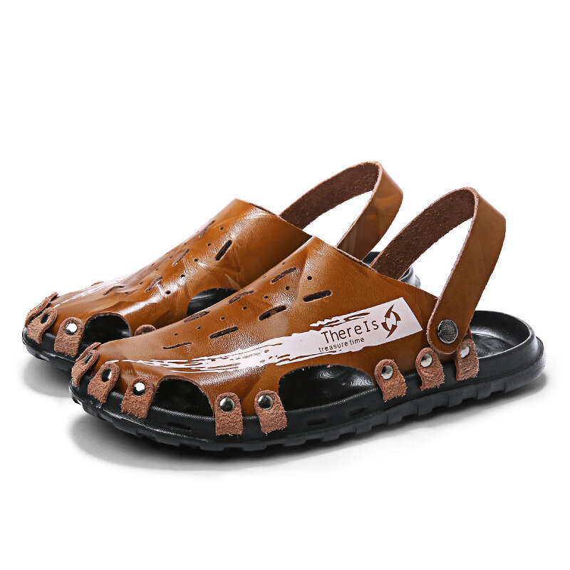 Men Cow Leather Non Slip Metal Decoration Casual Sandals, Sandals