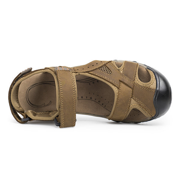 Men Leather Toe Protecting Hollow Out Hook Loop Outdoor Sandals, Sandals
