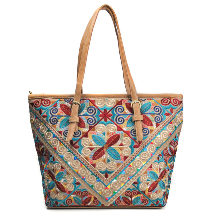 Women National Embossed Flowers Tote Handbags Vintage Geometry Shopping Bags
