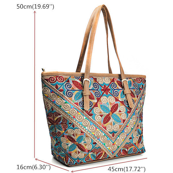 Women National Embossed Flowers Tote Handbags Vintage Geometry Shopping Bags