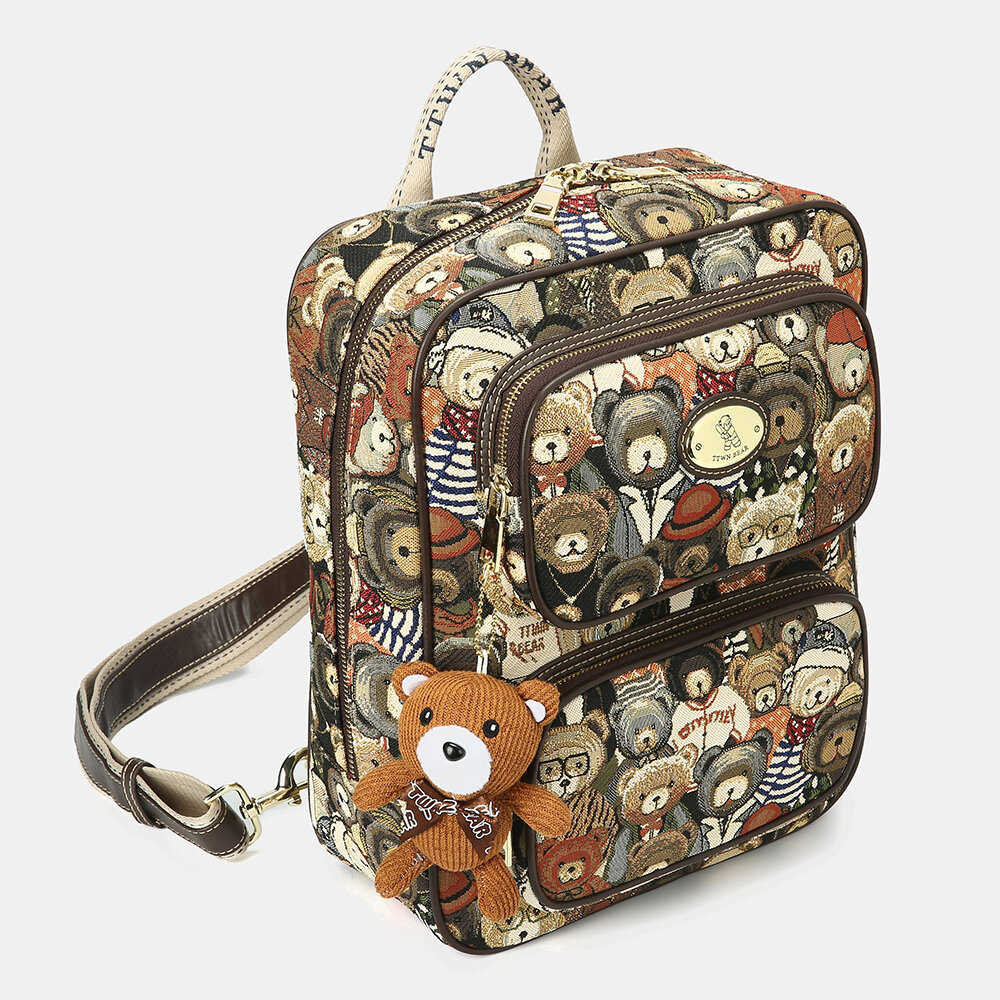 Women Bag, Women Backpack, Bear Pattern, Large Capacity Backpack,  Leather Backpack