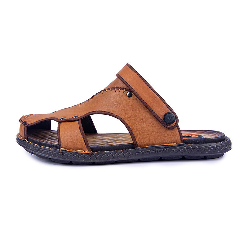 Men Closed Toe Hand Stitching Hole Leather Beach Water Sandals, Sandals
