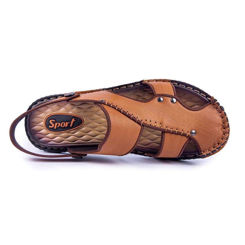 Men Closed Toe Hand Stitching Hole Leather Beach Water Sandals Calceus