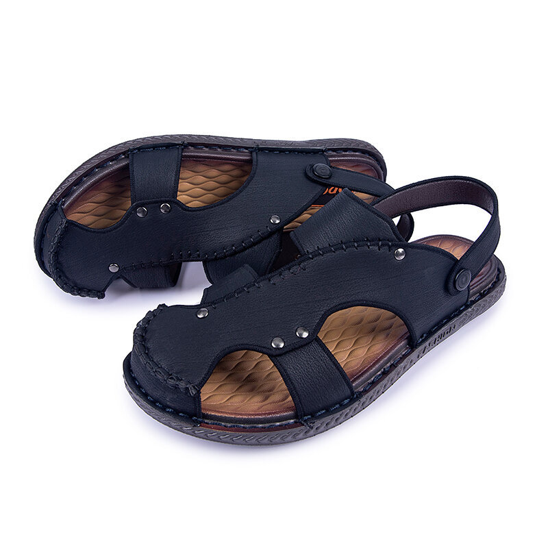 Men Closed Toe Hand Stitching Hole Leather Beach Water Sandals, Sandals