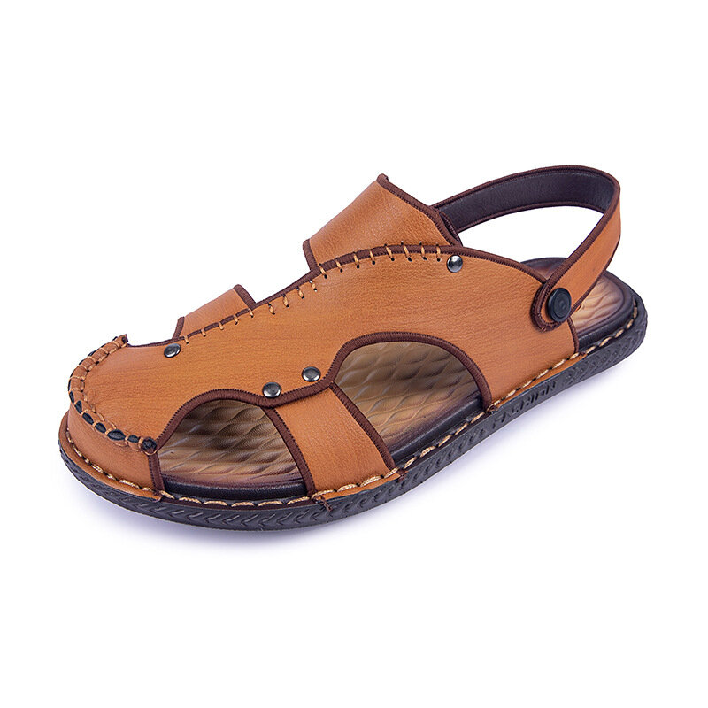 Men Closed Toe Hand Stitching Hole Leather Beach Water Sandals Calceus