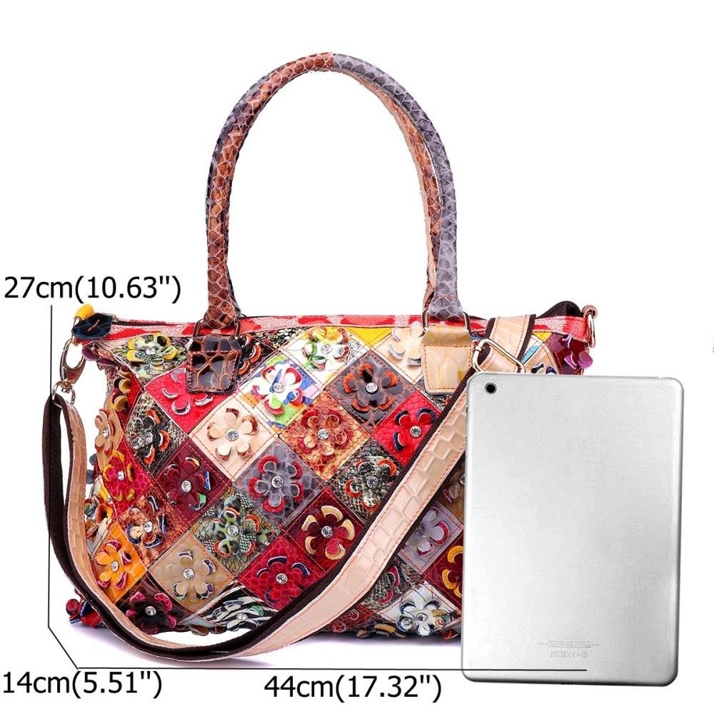 Women Genuine Leather Flower Patchwork Shoulder Bags Handbag Crossbody Bags, Crossbody Bags