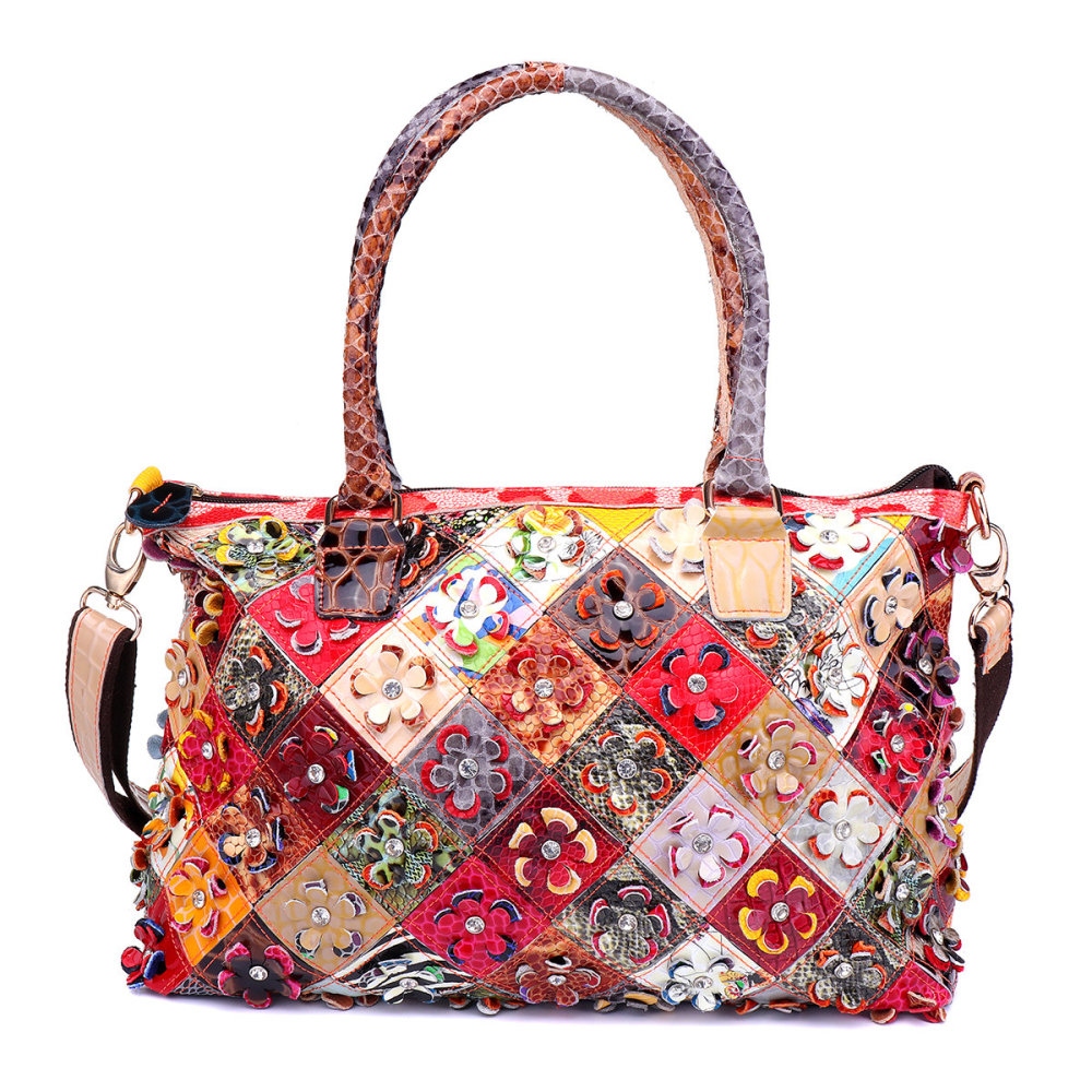 Women Genuine Leather Flower Patchwork Shoulder Bags Handbag Crossbody Bags, Crossbody Bags