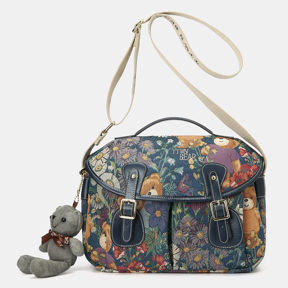 Simple Casual Bear Doll Crossbody Bag, Casual Canvas Chest Bag