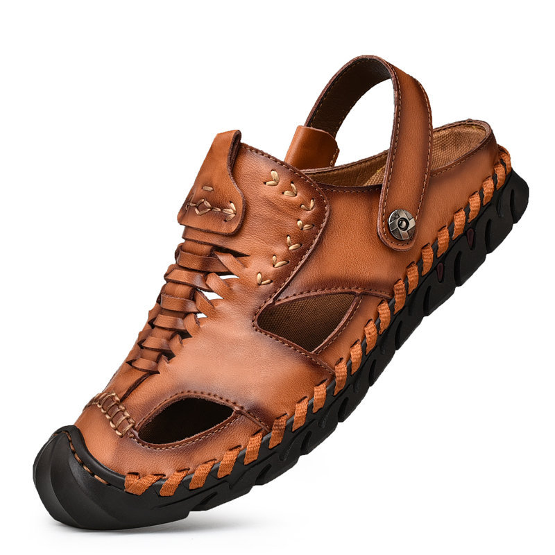 Men Outdoor Hand Stitching Closed Toe Soft Non Slip Casual Leather Sandals, Sandals