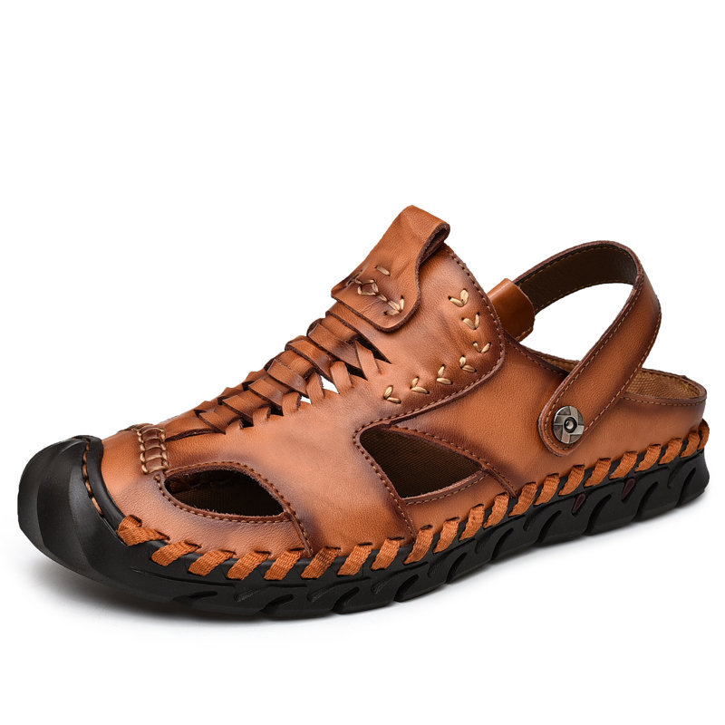 Men Outdoor Hand Stitching Closed Toe Soft Non Slip Casual Leather Sandals, Sandals