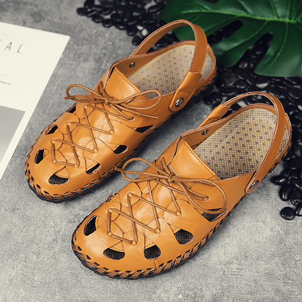 Men Hand Stitching Outdoor Slip Resistant Hole Leather Sandals, Sandals