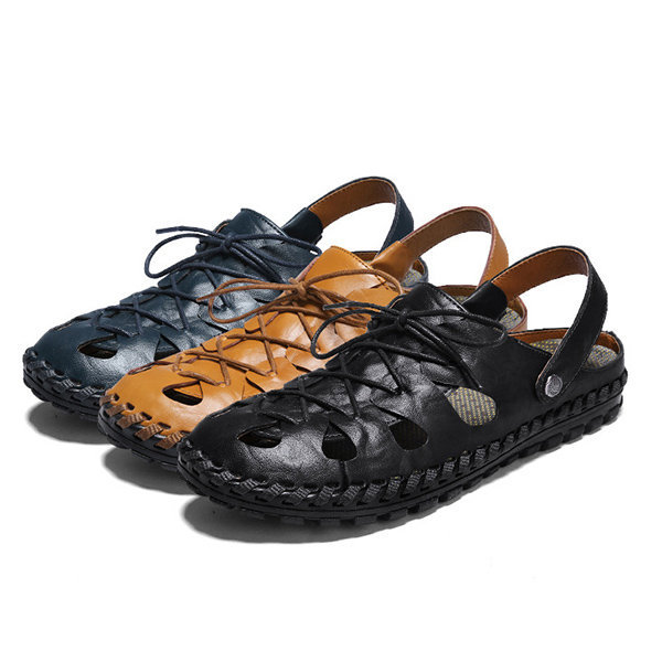 Men Hand Stitching Outdoor Slip Resistant Hole Leather Sandals, Sandals