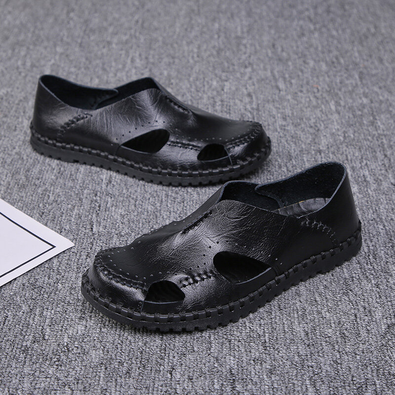 Men Hand Stitching Leather Non Slip Hollow Out Soft Sole Casual Sandals