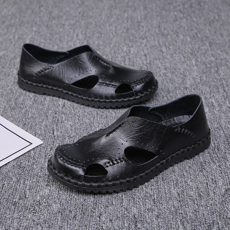 Men Hand Stitching Leather Non Slip Hollow Out Soft Sole Casual Sandals, Sandals