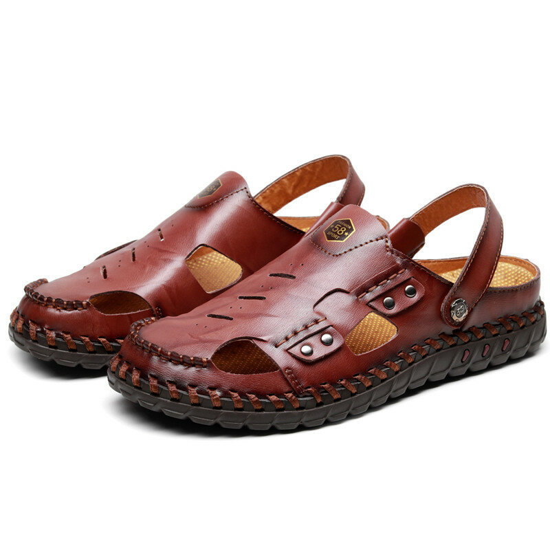 Men Hand Stitching Leather Non Slip Soft Sole Outdoor Casual Sandals, Sandals