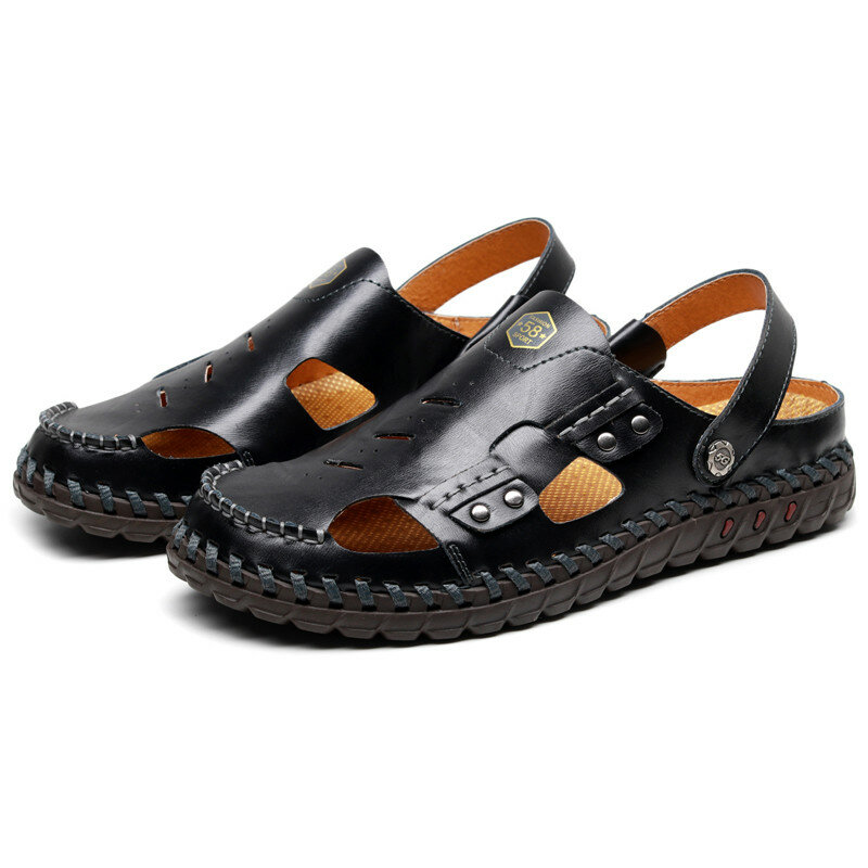 Men Hand Stitching Leather Non Slip Soft Sole Outdoor Casual Sandals