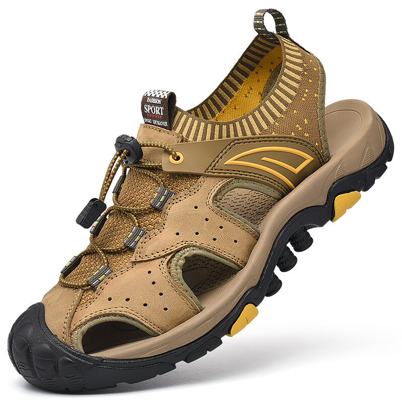 Men Genuine Cow Leather Anti-collision Toe Outdoor Hiking Sandals, Sandals