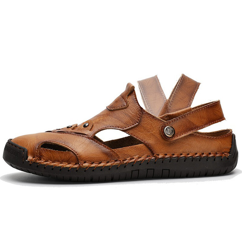 Men Hand Stitching Leather Non Slip Soft Sole Casual Sandals, Sandals