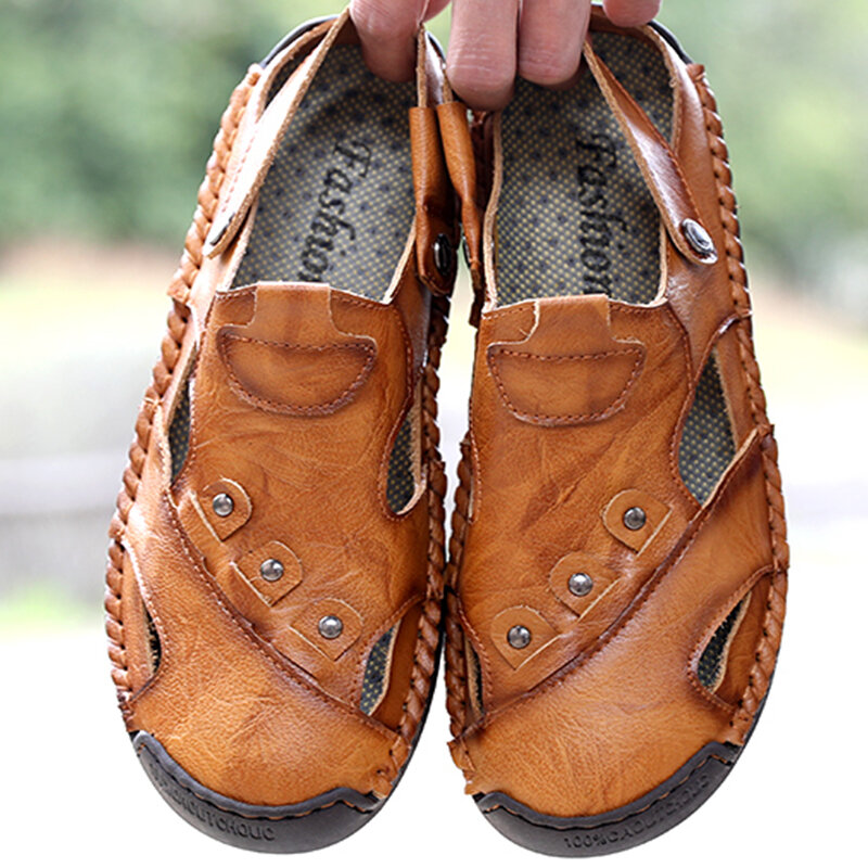 Men Hand Stitching Leather Non Slip Soft Sole Casual Sandals Calceus