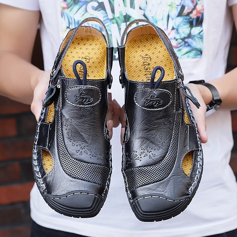 Large Size Men Hand Stitching Leather Anti-collision Non-slip Casual Sandals , Sandals