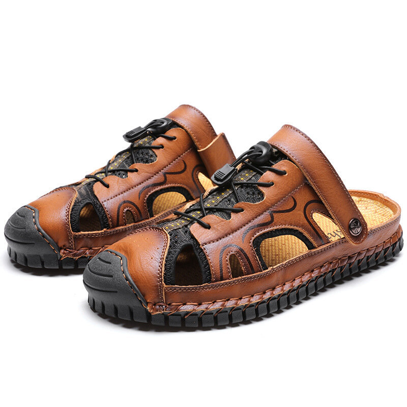Men Rubber Toe Cap Hand Stitching Outdoor Leather Sandals, Sandals