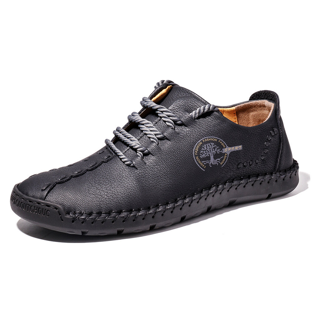 Men Hand Stitching Non Slip Soft Sole Casual Leather Shoes, Flats