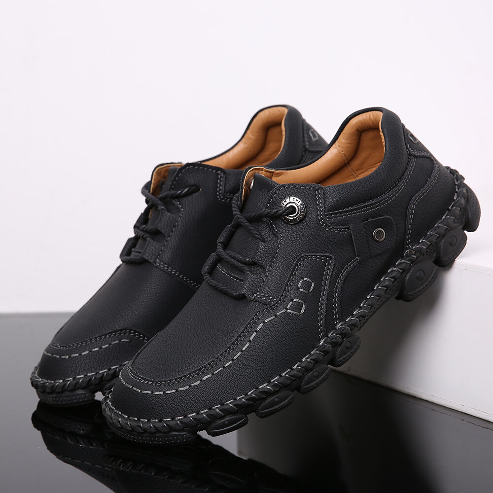 Men Hand Stitching Leather Non Slip Wearable Soft Sole Casual Shoes, Flats