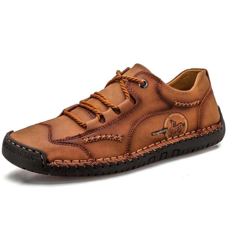 Mens Hand Stitching Soft Lace Up Microfiber Leather Shoes, Flats
