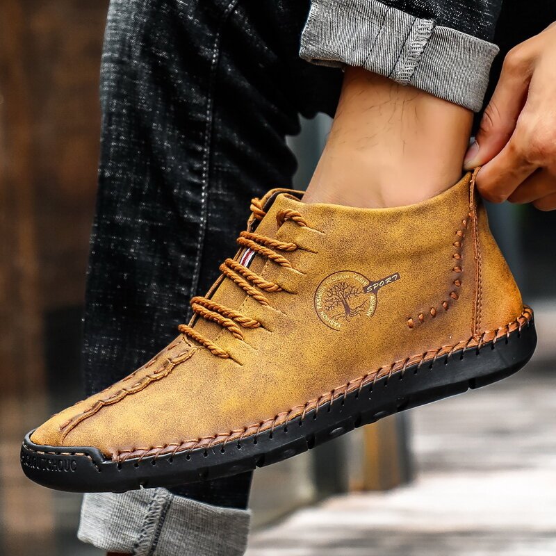 Men Hand Stitching Leather Non Slip Soft Sole Casual Ankle Boots, Boots