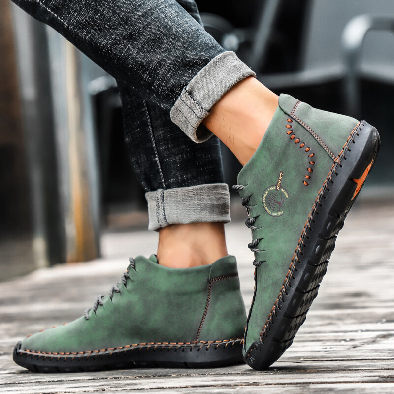 Men Hand Stitching Leather Non Slip Soft Sole Casual Ankle Boots, Boots