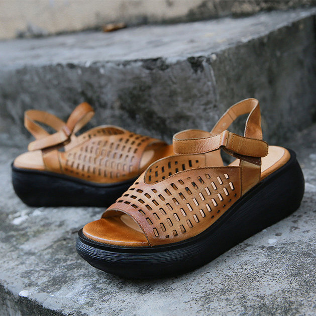 Women shoes, Women Sandals, Leather, Breathable, Hollow, Slingback Platform, Sandals