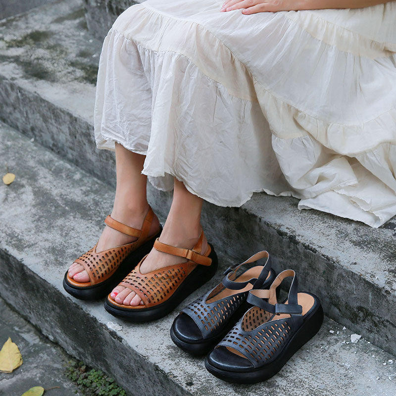 Women shoes, Women Sandals, Leather, Breathable, Hollow, Slingback Platform, Sandals