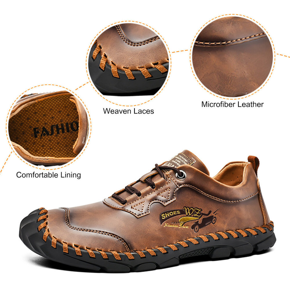 Men Hand Stitching Outdoor Toe Protective Slip Resistant Cow Leather Shoes, Flats