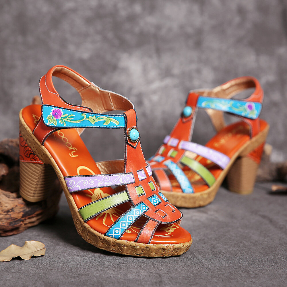 Women Shoes, Women Sandals, Retro, Leather, Bohemia, Printed, Strappy, Chunky Sandals , High Heel Sandals, Sandals