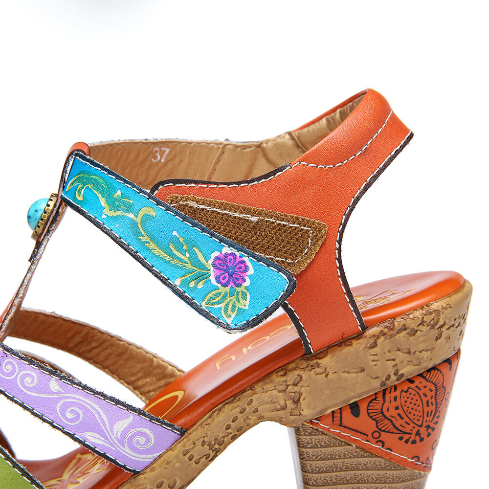 Women Shoes, Women Sandals, Retro, Leather, Bohemia, Printed, Strappy, Chunky Sandals , High Heel Sandals, Sandals