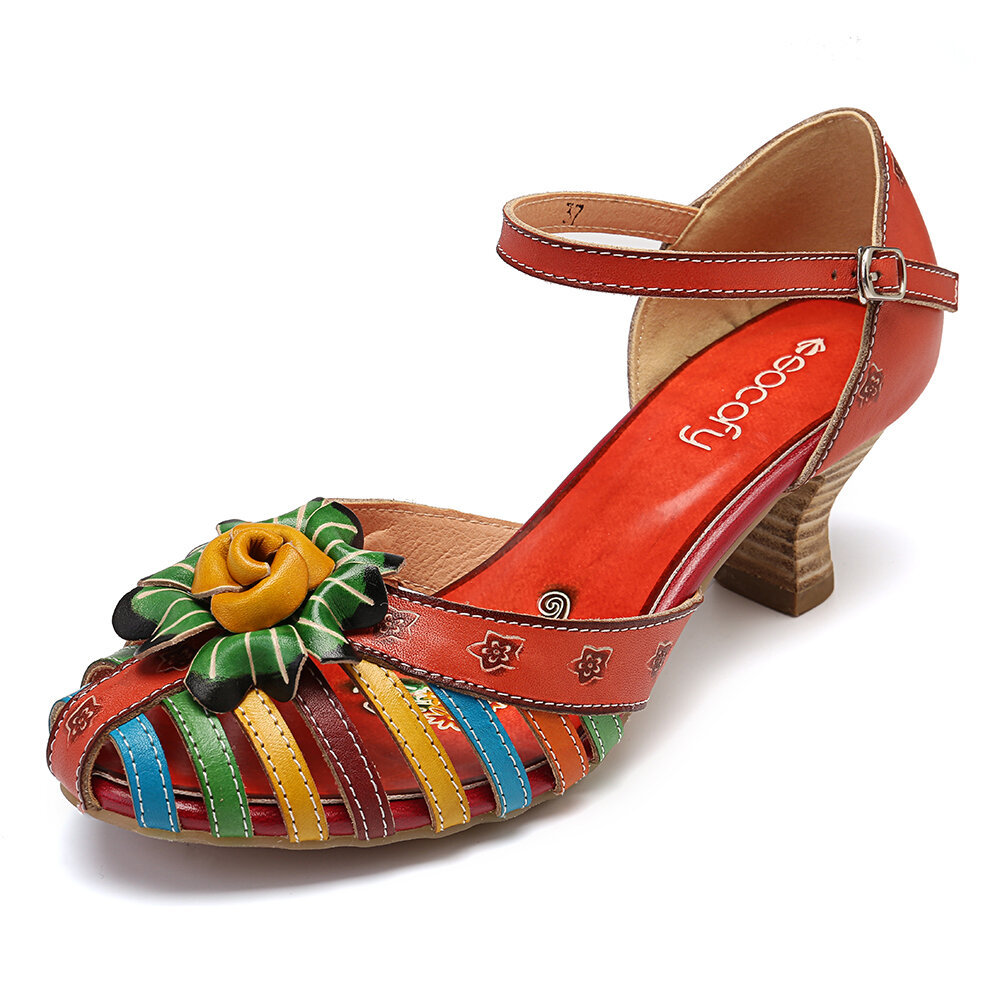 Women Shoes, Women Sandals, Elegant, Floral, Colorful, Genuine Leather, Splicing, Winebowl, Heel, Fisherman Sandals