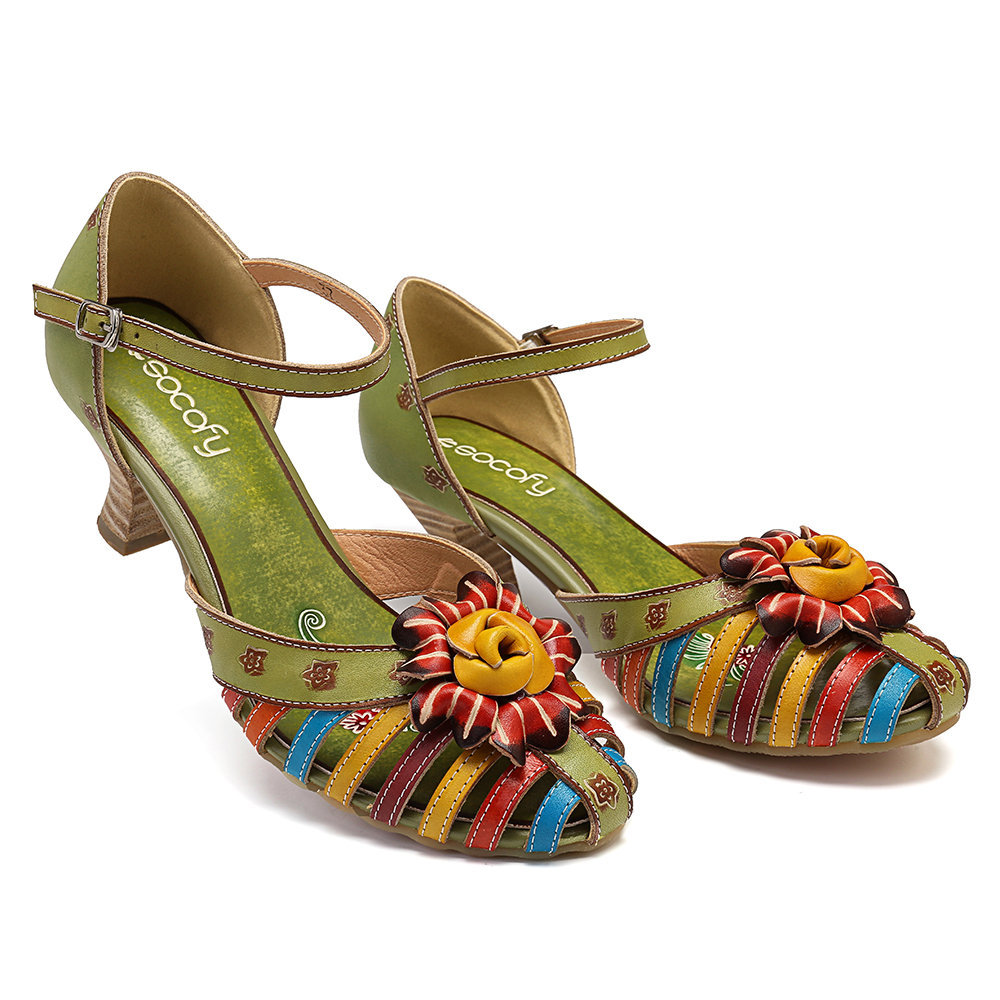Women Shoes, Women Sandals, Elegant, Floral, Colorful, Genuine Leather, Splicing, Winebowl, Heel, Fisherman Sandals