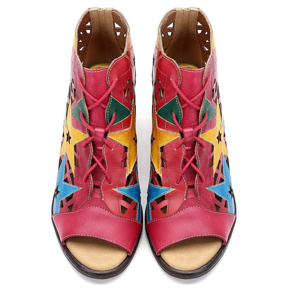 Women Shoes, Women Sandals, Hand Painted, Colorful, Genuine Leather, Hollow, Irregular Star Pattern, Lace Up, Sandals