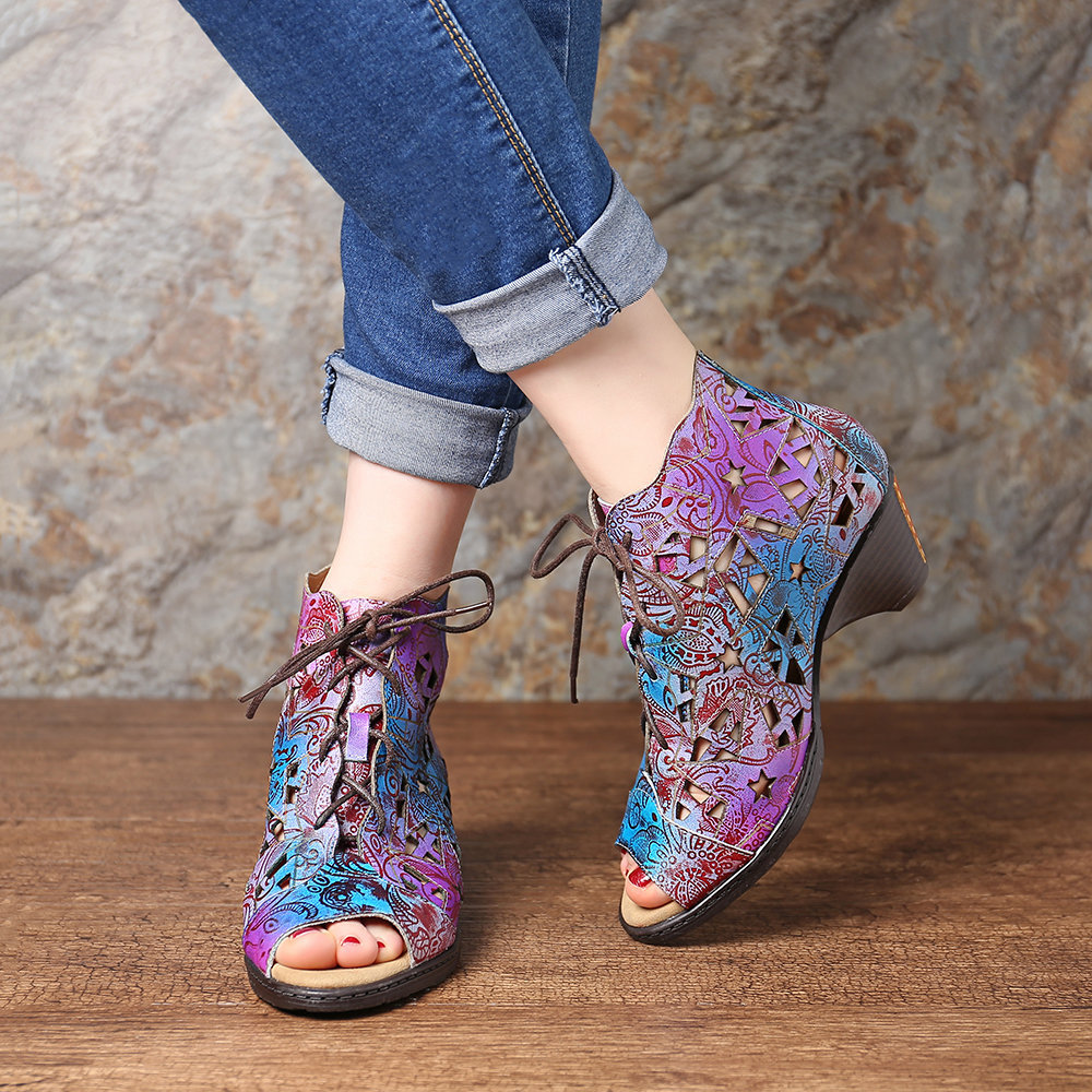 Women Shoes, Women Sandals, Hand Painted, Colorful, Genuine Leather, Hollow, Irregular Star Pattern, Lace Up, Sandals