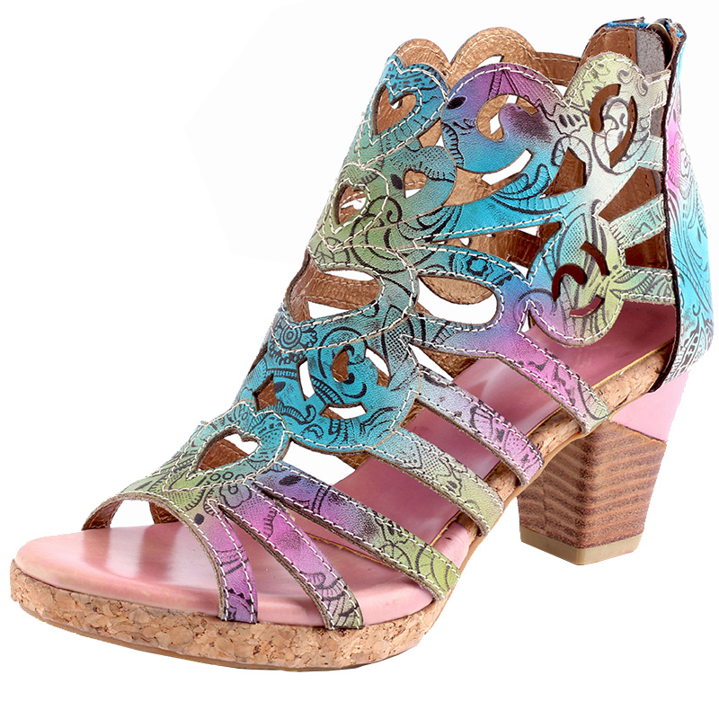Women shoes, Women sandals, Leather, Handmade, Floral, Cutouts, Buckle Strap, Slingback Mid, Chunky Sandals, Heel Sandals
