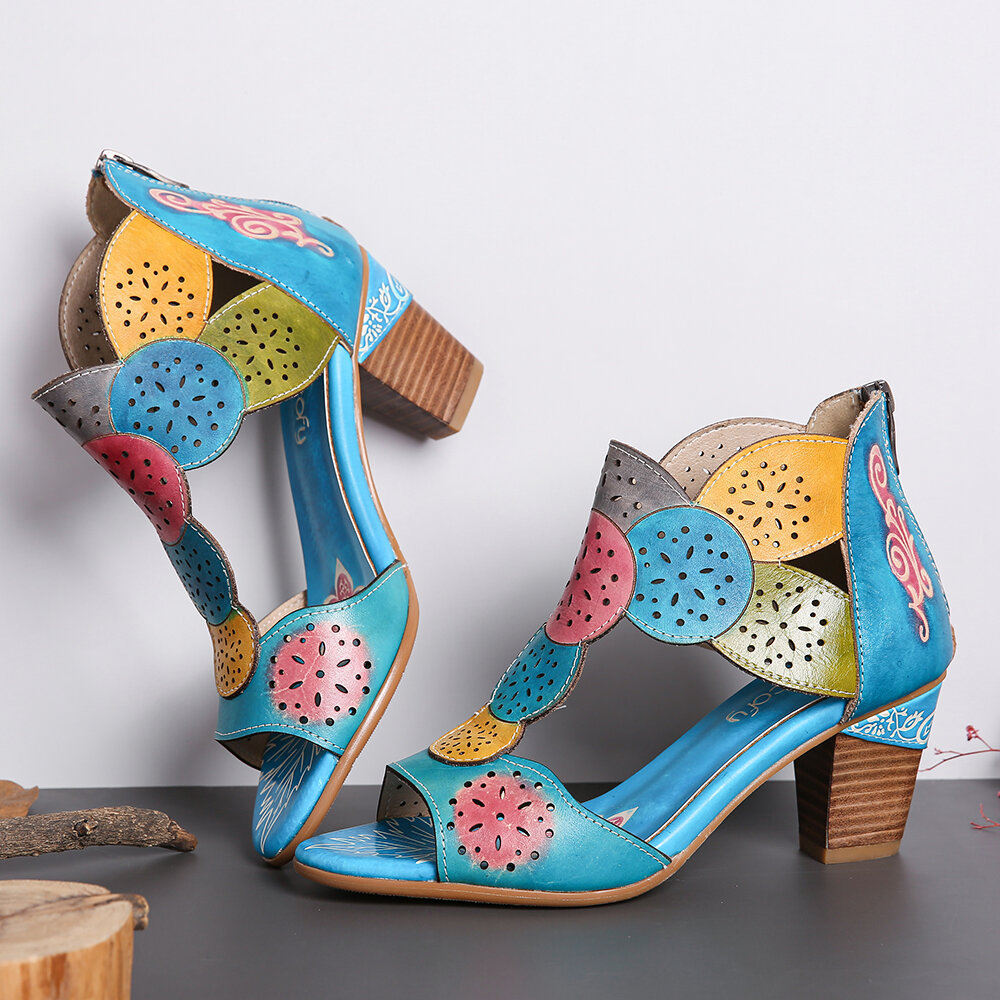 Women shoes, Women sandals, Bohemia, Leather, Cutout, Breathable, Comfy, Open Toe, Block Hee, Casual, Heeled Sandals, Sandals