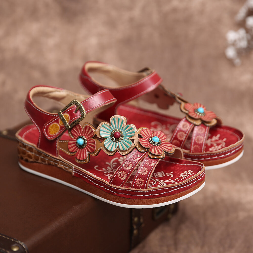 Women Shoes, Women Sandals, Leather, Floral, Stitching, Embossed, Buckle Strap, Flat Sandals