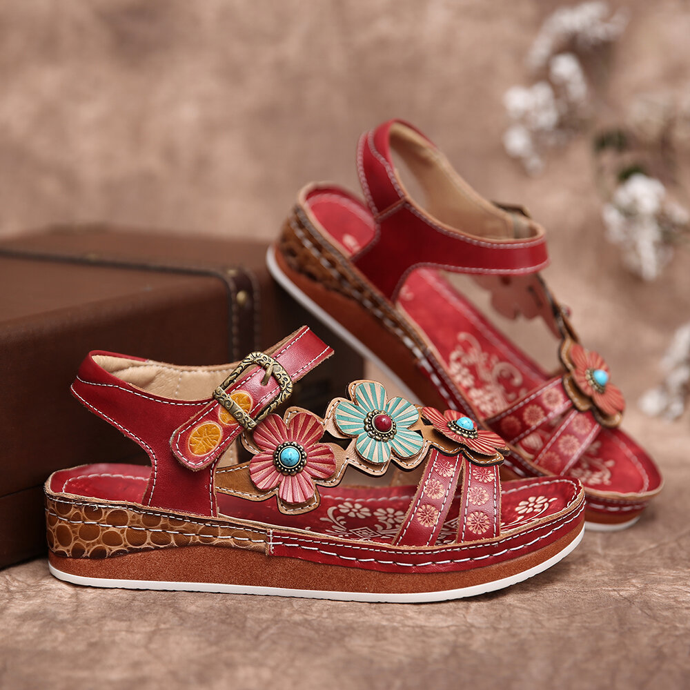 Women Shoes, Women Sandals, Leather, Floral, Stitching, Embossed, Buckle Strap, Flat Sandals