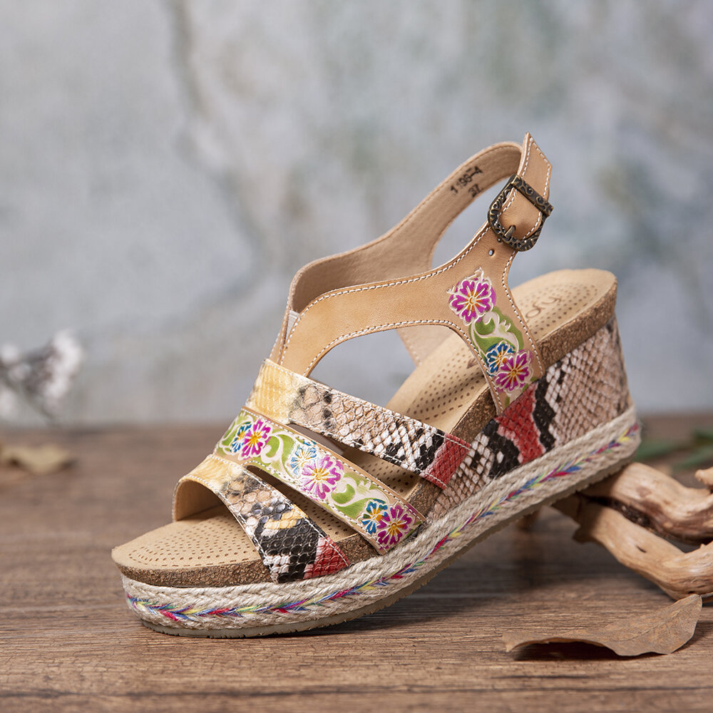 Women Shoes, Women Sandals, Leather, Floral, Snakeskin Printed, Strappy, Buckle, Slingback Wedge, Sandals, Espadrilles,