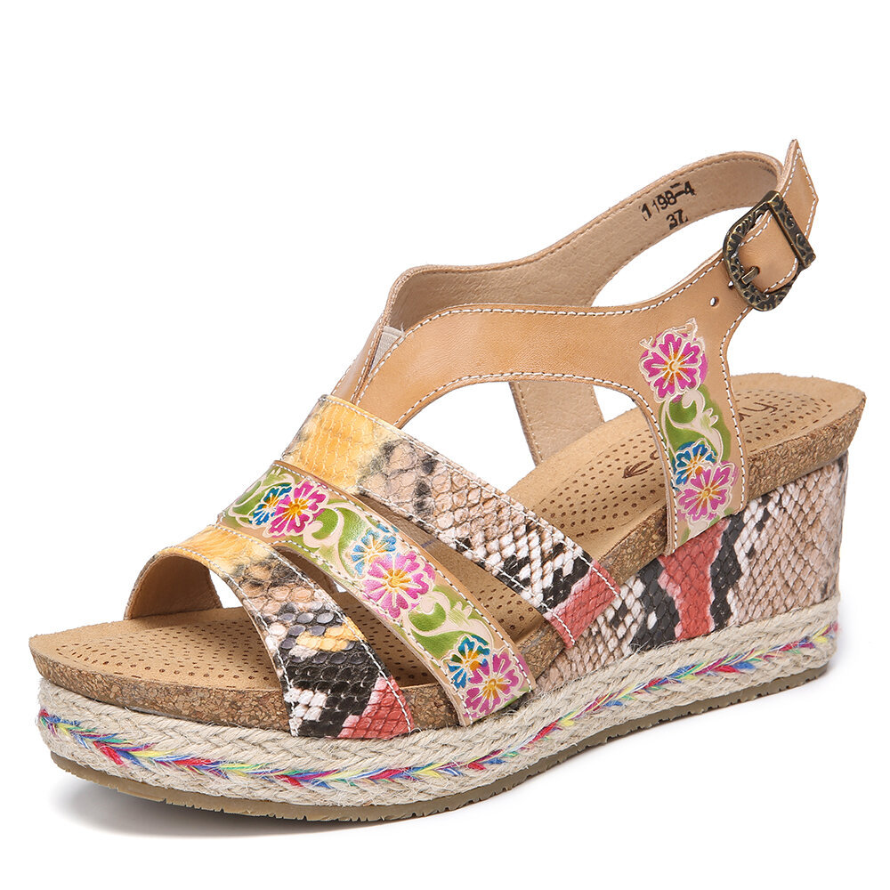 Women Shoes, Women Sandals, Leather, Floral, Snakeskin Printed, Strappy, Buckle, Slingback Wedge, Sandals, Espadrilles,
