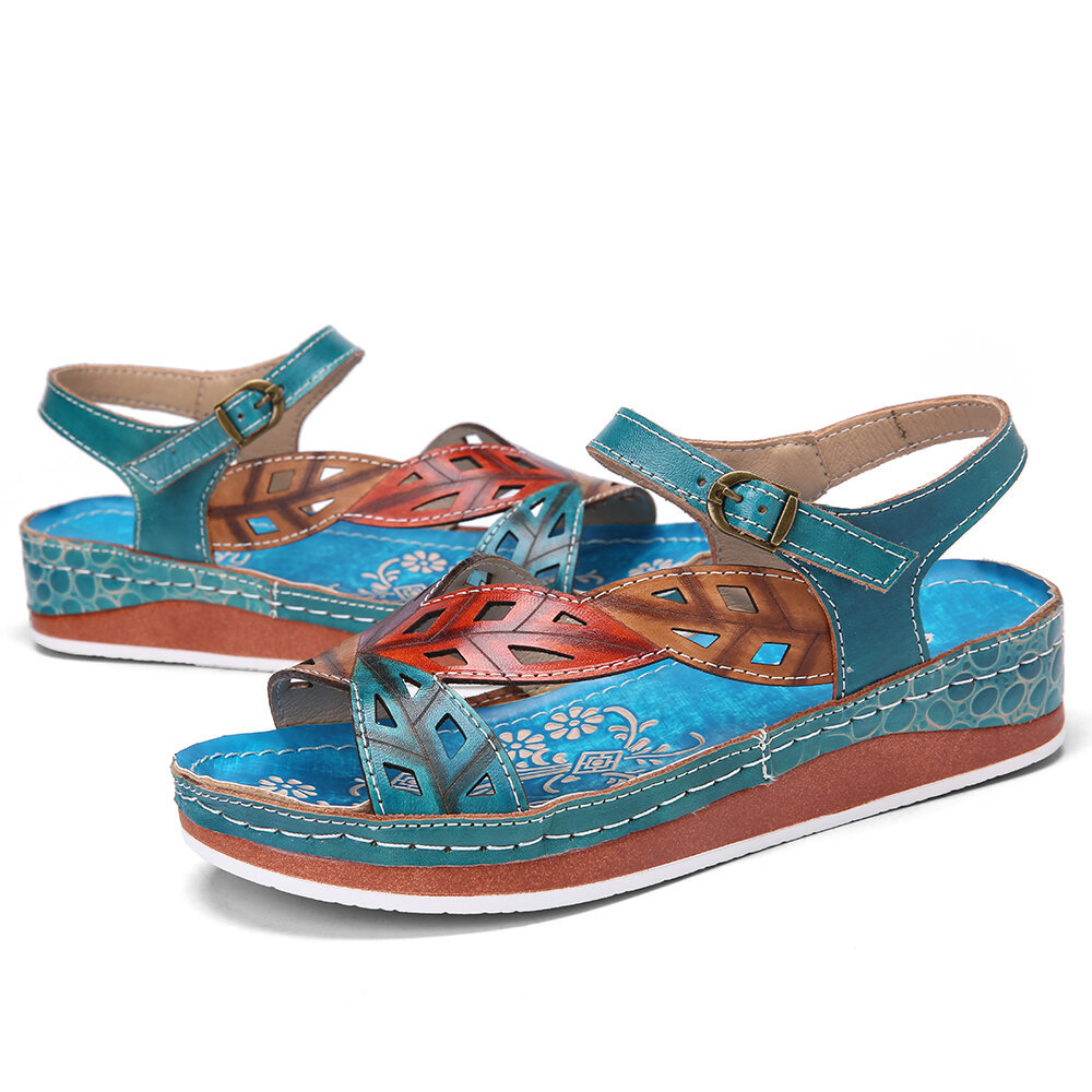 Women Shoes, Women Sandals, Retro, Leather, Embossed, Floral, Splicing, Leaf, Metal Buckle, Stitching, Flat Sandals, Sandals