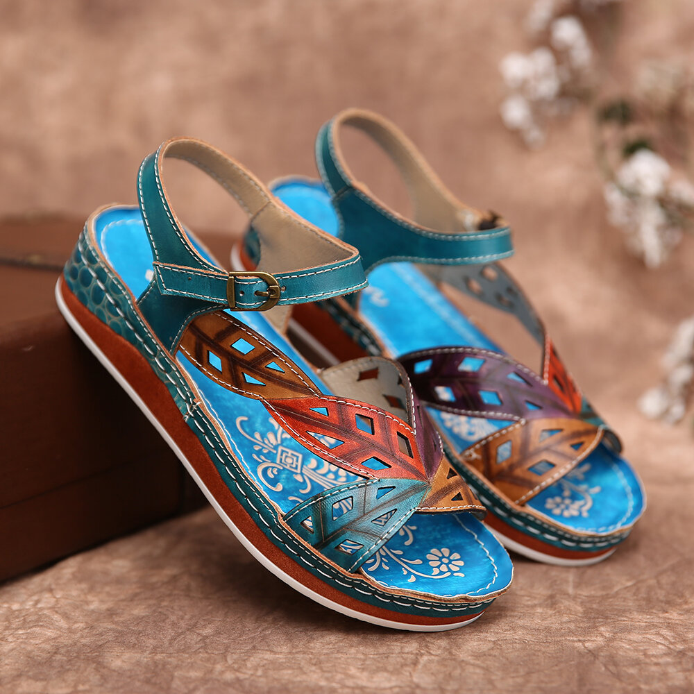 Women Shoes, Women Sandals, Retro, Leather, Embossed, Floral, Splicing, Leaf, Metal Buckle, Stitching, Flat Sandals, Sandals